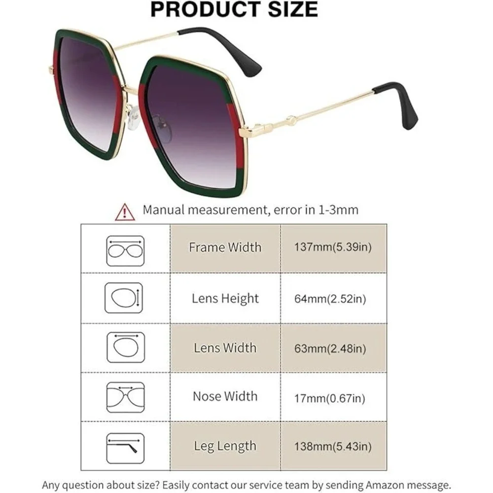Women Oversized Hexagonal Sunglasses Green Red Stripe Gold Frame UV400 Gradient‎